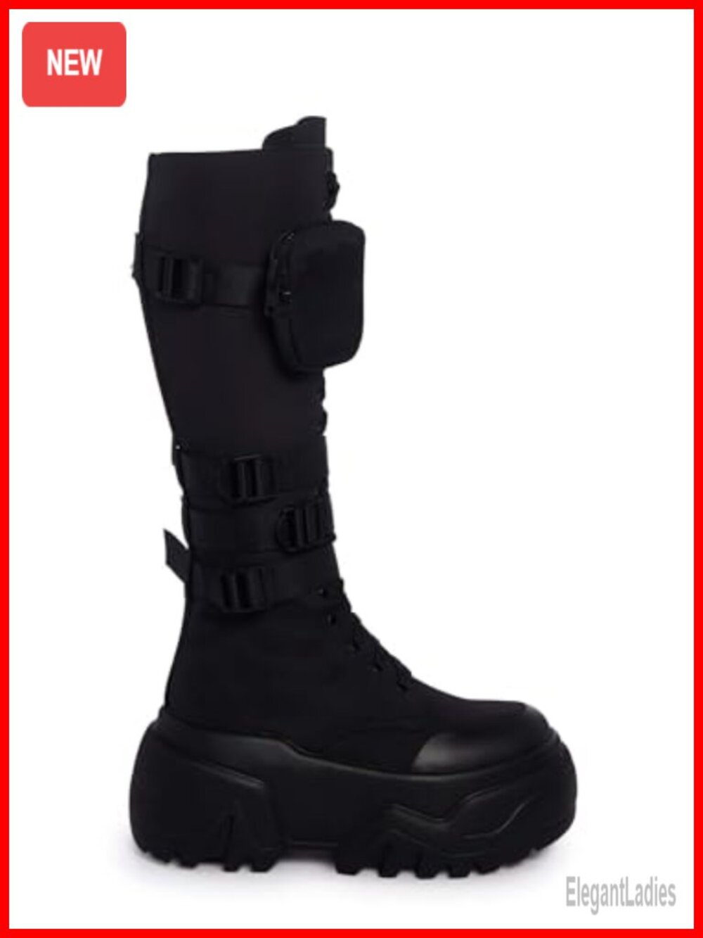 Knee High Combat Boots Chunky Platform Multi Buckle Zip Pockets